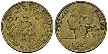 Франция 5 сантимов 1969 тип Marianne KM 933 алюминиевая бронза 4136-438