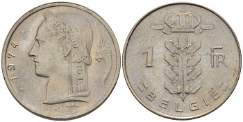 БЕЛЬГИЯ 1 ФРАНК 1974 BELGIE, БОДУЭН I (1951-1993) KM 143.1 медно-никель 202-1052