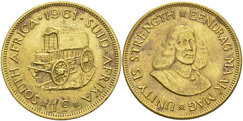 ЮАР 1 цент 1961 Ян ван Рибек (1619-1677), голландский исследователь, повозка KM 57 латунь 3855-1036