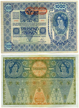 АВСТРИЯ 1000 КРОН 1919 КРАСНАЯ ГОРИЗОНТАЛЬНАЯ НАДПЕЧАТКА НА 1902, II AUFLAGE Pick 61 бумага 6262-13-2-2