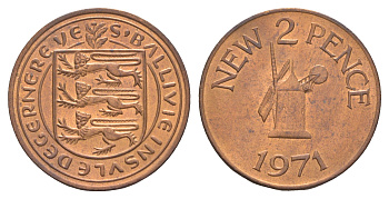 Гернси 2 новых пенса 1971 Елизавета II (1952-2022), ветряная мельница KM 22 бронза aUNC 4656-1051