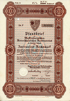 Германия 2000 рейхсмарок 1940 Мекленбургский рыцарский кредитный клуб, 4 1/2%, облигация   бумага   8803-43-1