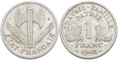 ФРАНЦИЯ 1 ФРАНК 1942 LB, ТИП LOURDЕ, ПРАВИТЕЛЬСТВО ВИШИ KM 902.1, LE FRANC 222.2 алюминий 202-432