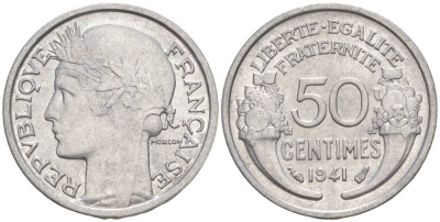 ФРАНЦИЯ 50 САНТИМОВ 1941 ТИП MORLON LOURDE KM 894.1a, LE FRANC 193.2 алюминий 44-223
