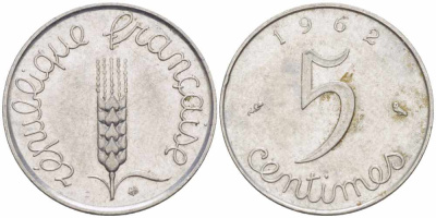 ФРАНЦИЯ 5 САНТИМОВ 1962 ПЯТАЯ РЕСПУБЛИКА KM 927, LE FRANC 124.4 хромированная сталь 105-421