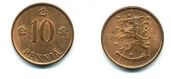 Финляндия 10 пенни 1921 республика (1918-1962) KM 24 медь 46-314