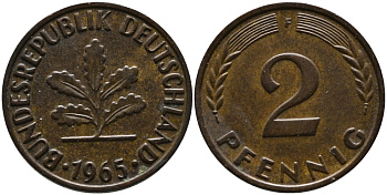 ФРГ 2 пфеннига 1965 F KM 106, J.381 бронза 99-141