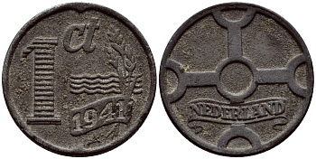 НИДЕРЛАНДЫ 1 ЦЕНТ 1941 ВИЛЬГЕЛЬМИНА (1890-1948) KM 170 цинк 46-333