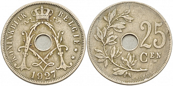 БЕЛЬГИЯ 25 САНТИМОВ 1927 BELGIE KM 69 медно-никель 87-1536