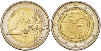 ФРГ 2 евро 2009 J, 10 лет монетарной политики ЕС (EMU) и введения евро KM 277 биметалл UNC 4111-711