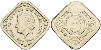 Нидерланды жетон 5 центов 1980 на смерть королевы Юлианы (1948-1980), размер 19,5Х19,5 мм. медно-никель UNC 85-411