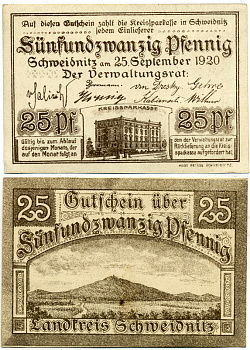 ШВЕЙДНИЦ (СВИДНИЦА ПОЛЬША) 25 ПФЕННИГОВ 1920 НОТГЕЛЬД, 25 СЕНТЯБРЯ 1920 Grabowski S61.2 бумага 7551-36-4-2