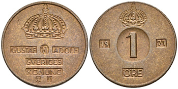 Швеция 1 эре 1971 Густав VI Адольф (1950-1973) KM 820 бронза 4580-1063