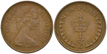 Великобритания 1/2 пенни 1971 Елизавета II (1952-2022) KM 914, Spink 4239 бронза 4152-412