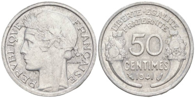 ФРАНЦИЯ 50 САНТИМОВ 1941 ТИП MORLON LOURDE KM 894.1a, LE FRANC 193.2 алюминий 44-228