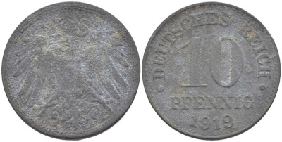 ГЕРМАНИЯ 10 ПФЕННИГОВ 1919 KM 26, J. 299 цинк 4401-142