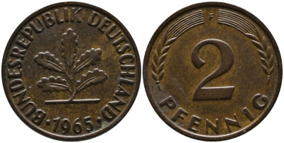 ФРГ 2 пфеннига 1965 F KM 106, J.381 бронза 99-141