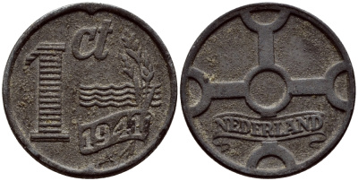 НИДЕРЛАНДЫ 1 ЦЕНТ 1941 ВИЛЬГЕЛЬМИНА (1890-1948) KM 170 цинк 46-333