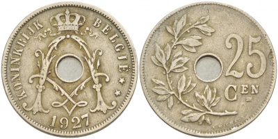 БЕЛЬГИЯ 25 САНТИМОВ 1927 BELGIE KM 69 медно-никель 87-1536