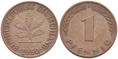 ФРГ 1 ПФЕННИГ 1950 J KM 105, J. 380 сталь плакированная медью 116-343