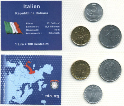 Италия лот из 3 монет - 5, 20, 50 лир в пластиковой запайке UNC 7-4-1-39