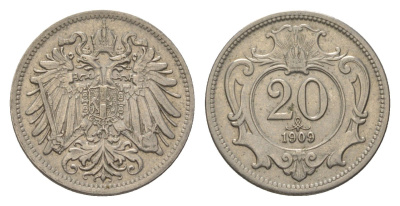 Австрия 20 геллеров 1909 Франц Иосиф I (1848-1916) KM 2803 никель 4625-1022