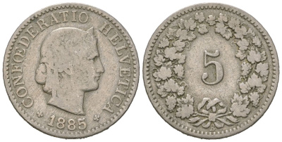 Швейцария 5 раппенов 1885 B KM 26 медно-никель 39-123
