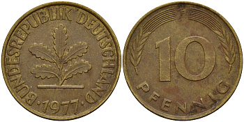 ФРГ 10 пфеннигов 1977 F J. 383, KM 108 сталь плакированная латунью    4603-433