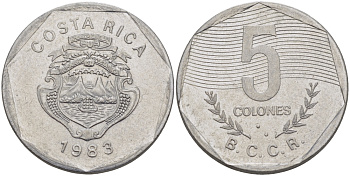 КОСТА-РИКА 5 КОЛОНОВ 1983 В.С.С.R. KM 214.1 нержавеющая сталь 82-945