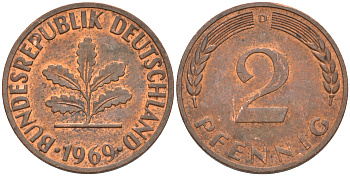 ФРГ 2 пфеннига 1969 D KM 106а, J. 381а сталь плакированная медью 55-1222