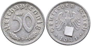 ГЕРМАНИЯ 50 РЕЙХСПФЕННИГОВ 1941 D KM 96, J. 372 алюминий 24-922