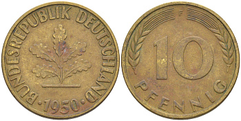 ФРГ 10 пфеннигов 1950 F KM 108, J. 383 сталь плакированная латунью 53-1057