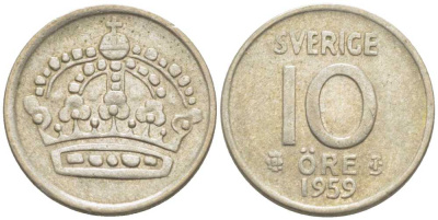 Швеция 10 эре 1959 TS, Густав VI Адольф (1950-1973) KM 823 серебро 116-1218