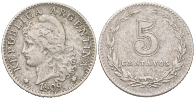 Аргентина 5 сентаво 1909 KM 34 медно-никель 4621-1034