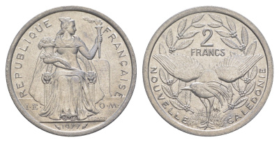 Французская Новая Каледония 2 франка 1977 KM 14 алюминий UNC 4641-142