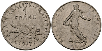 Франция 1 франк 1977 сеятель KM 925.1, Le Franc 226.4 никель 4138-317