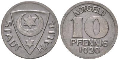 Галле-на-Заале (Пруссия, Саксония) 10 пфеннигов 1920 Funck 187.1, Men05 10324.1 железо aUNC 4585-654