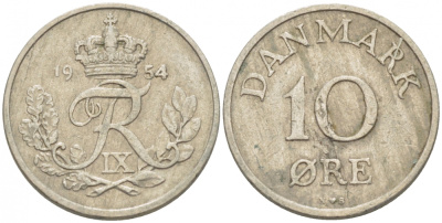 ДАНИЯ 10 ЭРЕ 1954 N; S, ФРЕДЕРИК IX (1947-1972) KM 841.1 медно-никель 3718-341