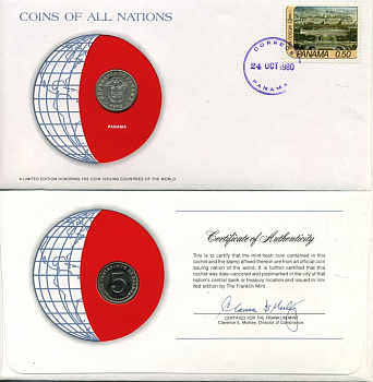 Панама 5 сентесимо 1975 монета в конверте с маркой и спецгашением UNC 4294-35-2