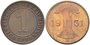 ГЕРМАНИЯ 1 РЕЙХСПФЕННИГ 1931 A KM 37, J. 313, Weege 2 бронза 206-834