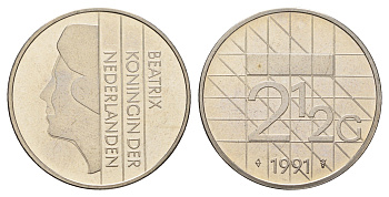 Нидерланды 2 1/2 гульдена 1991 Беатрикс (1980-2013), редкий год KM 206 никель UNC 4367-542