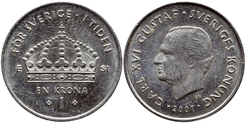 Швеция 1 крона 2007 Карл XVI Густав (1973- ) KM 894 медно-никель 176-925