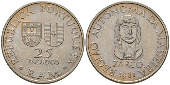 Португалия, Мадейра 25 эскудо 1981 Автономная область Мадейра KM 4 медно-никель UNC 4592-213