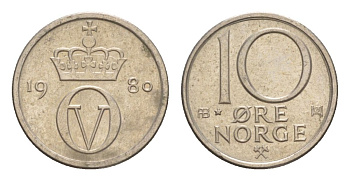 Норвегия 10 эре 1980 Улаф V (1957-1991) KM 416 медно-никель 4632-1165