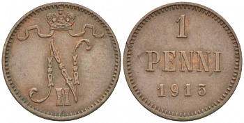 РОССИЯ ДЛЯ ФИНЛЯНДИИ 1 ПЕННИ 1915 НИКОЛАЙ II KM 13, Биткин 475 медь 4396-1456