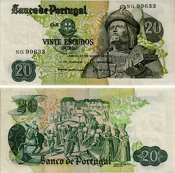 ПОРТУГАЛИЯ 20 ЭСКУДО 1971 27 ИЮЛЯ 1971, ГАРСИЯ ДЕ ОРТА, 16 ВЕК РЫНОК НА ГОА Pick 173 бумага 6281-27-1-1
