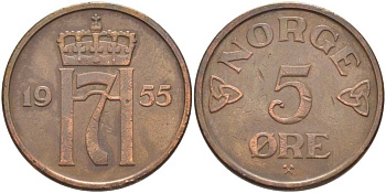 НОРВЕГИЯ 5 ЭРЕ 1955 ХОКОН VII (1905-1957) KM 400 бронза 115-825