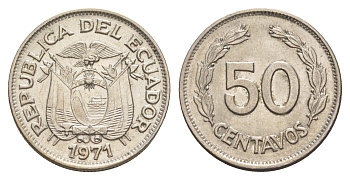 Эквадор 50 сентаво 1971 редкий год KM 81 сталь плакированная никелем UNC 4641-613