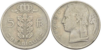 Бельгия 5 франков 1949 Леопольд III (1934-1950), Belgique KM 134.1 медно-никель 119-711