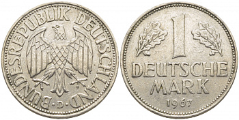 ФРГ 1 марка 1967 D J.385, KM 110 медно-никель 3856-116